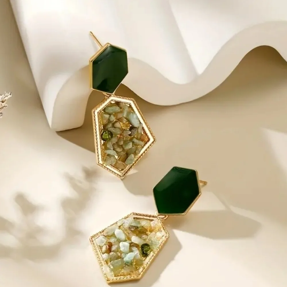 Hexagon Avocado Green Dangle Earrings With Artificial Crystal Decor Retro